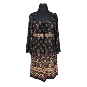 Muse x Boston Proper Boho Peasant Dress Bell Sleeves Black Beaded Tassel Size 8